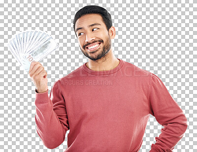 Buy stock photo Cash fan, dollars with man and salary with finance, success with investment or reward isolated on transparent png background. Financial freedom, money and male person with prize, wealth and cashback