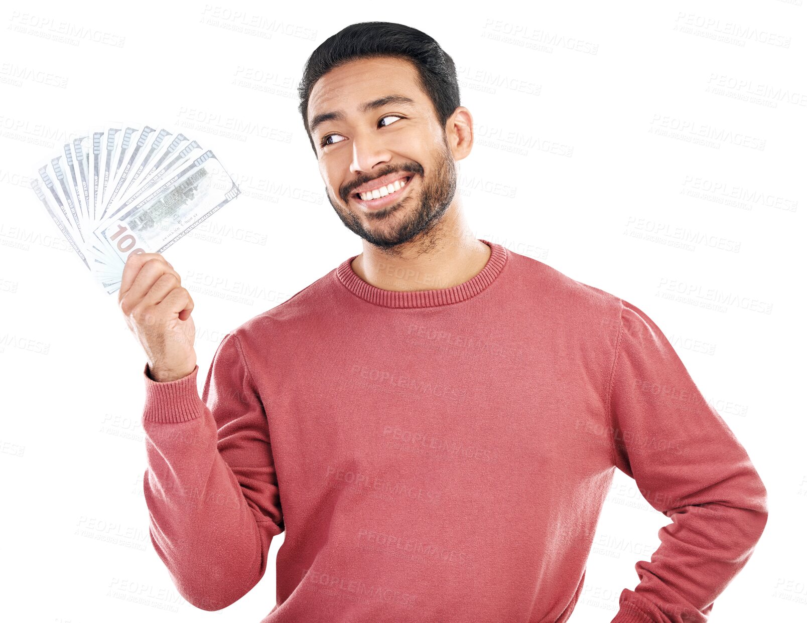 Buy stock photo Cash fan, dollars with man and salary with finance, success with investment or reward isolated on transparent png background. Financial freedom, money and male person with prize, wealth and cashback