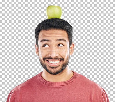 Buy stock photo Nutrition, balance and asian man with apple for healthy diet in png or isolated and transparent background. Happy, guy and fruit on head for detox for wellness in food for vegan with vitamins.