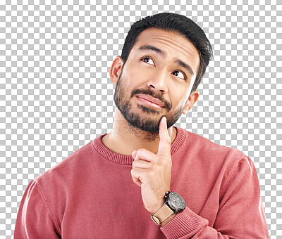 Buy stock photo Opportunity, thinking and Asian man with ideas, solution and guy isolated against a transparent background. Male person, model and problem solving with dream, decision and brainstorming plan with png