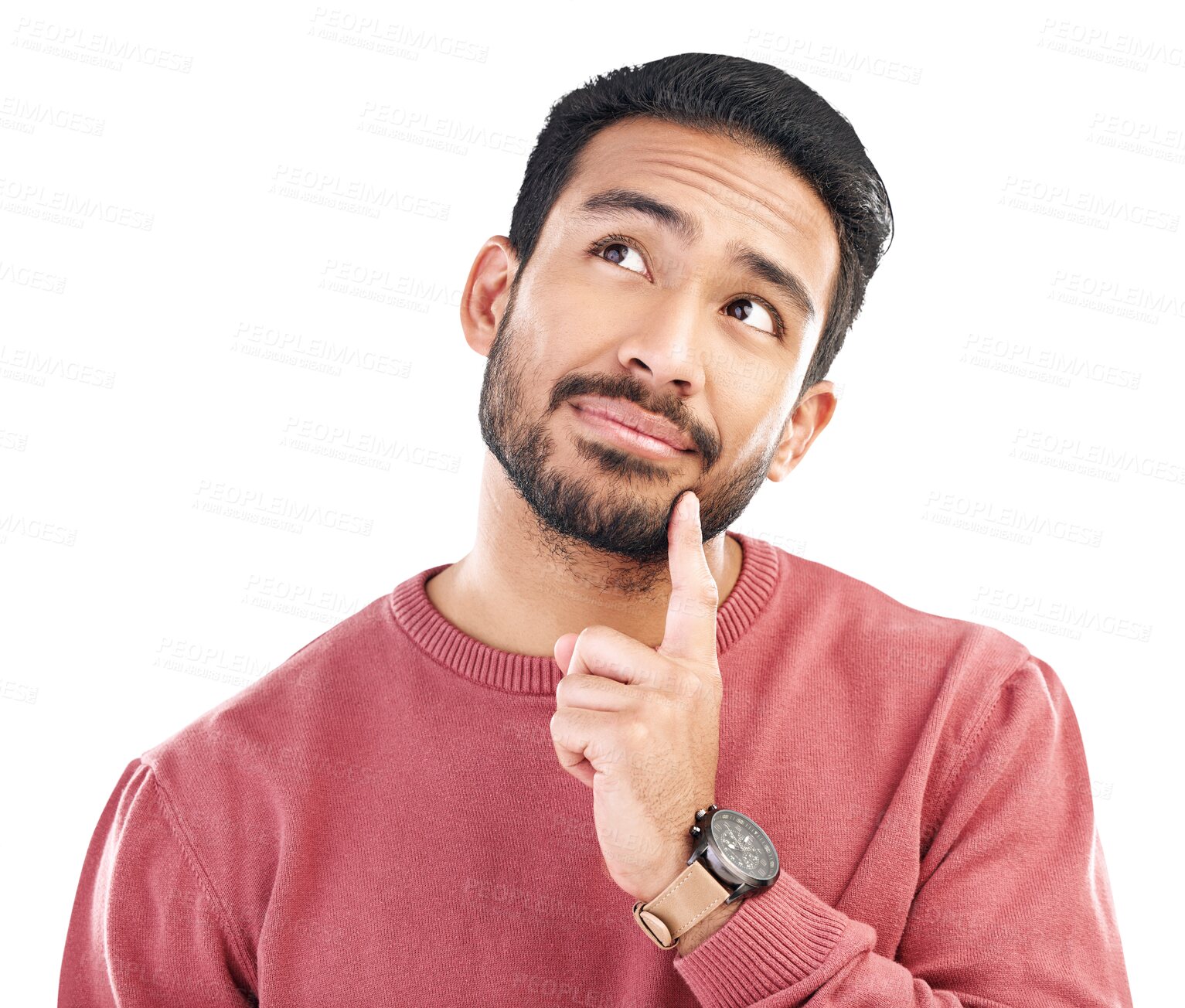 Buy stock photo Opportunity, thinking and Asian man with ideas, solution and guy isolated against a transparent background. Male person, model and problem solving with dream, decision and brainstorming plan with png