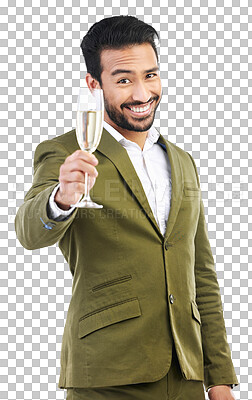 Buy stock photo Toast, champagne and party with portrait of man on png for winner, celebration or success. Cheers, new years event or wine with person isolated on transparent background for congratulations and drink