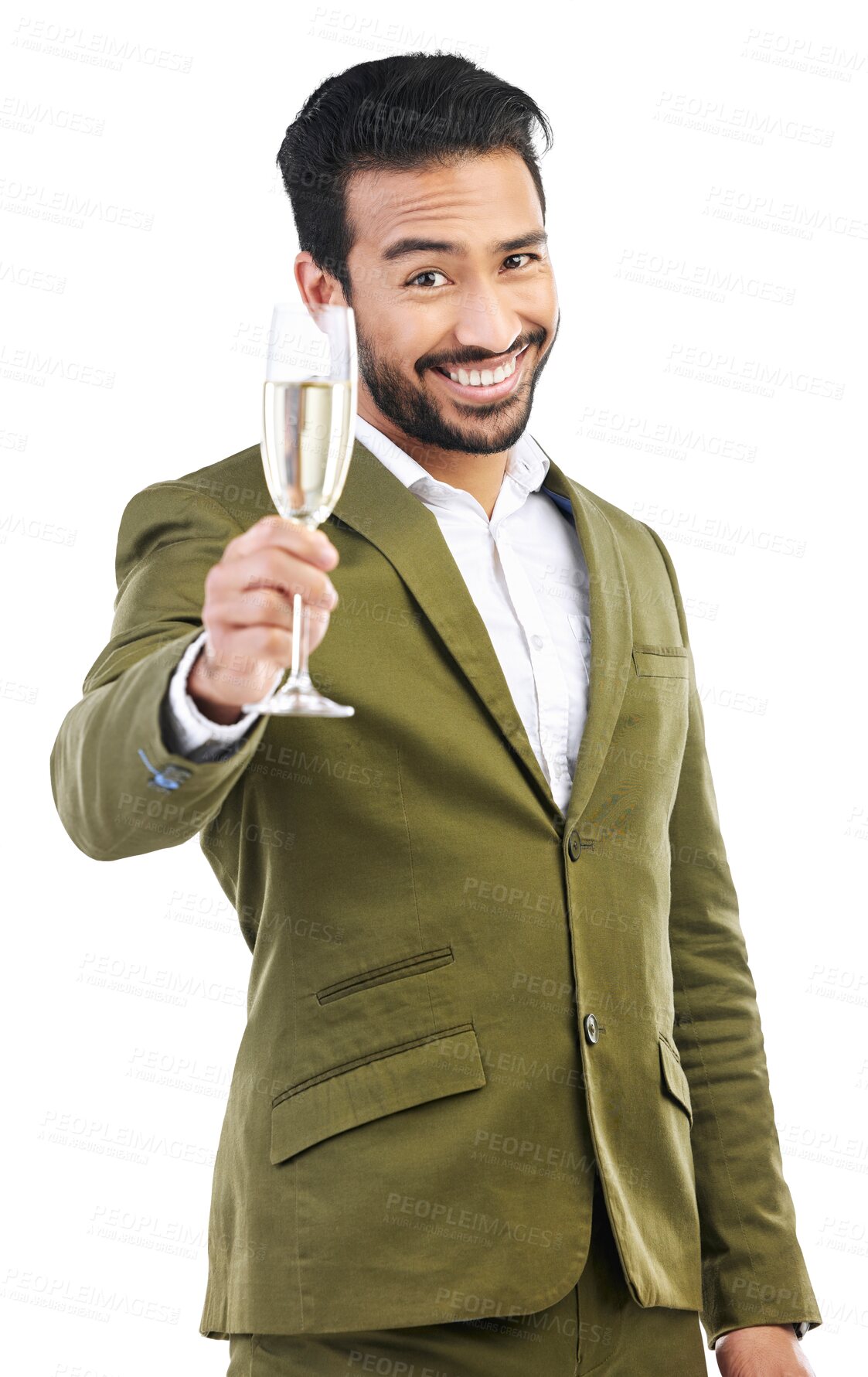 Buy stock photo Toast, champagne and party with portrait of man on png for winner, celebration or success. Cheers, new years event or wine with person isolated on transparent background for congratulations and drink