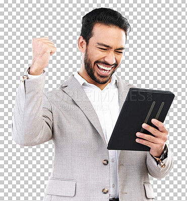 Buy stock photo Business man with tablet, winning news and fist pump with yes, success and happy on transparent png background. Excited, reading announcement online and male winner with professional celebration