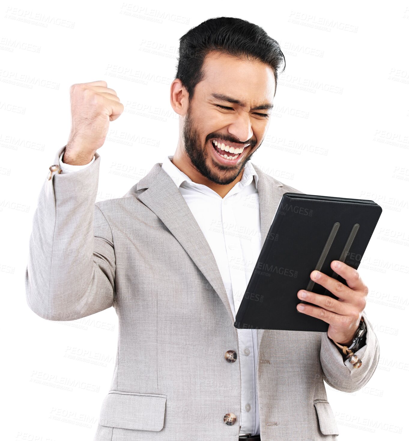 Buy stock photo Business man with tablet, winning news and fist pump with yes, success and happy on transparent png background. Excited, reading announcement online and male winner with professional celebration