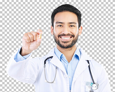 Buy stock photo Doctor and pills, man giving tablet with drugs or medicine and pharmaceutical supplement on isolated transparent png background. Healthcare, medical professional, pharmacy and prescription medication