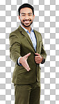 Business portrait, happy man and studio handshake gesture for investment deal, b2b contract or acquisition agreement. Human resources, hiring welcome and HR hand shake isolated on gray background