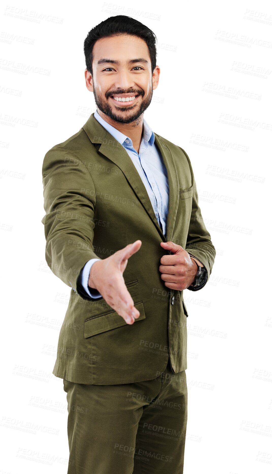 Buy stock photo Isolated business man, handshake or welcome with smile, portrait or kindness by transparent png background. Asian businessman, happy or open for shaking hands, hr recruitment or onboarding for hiring