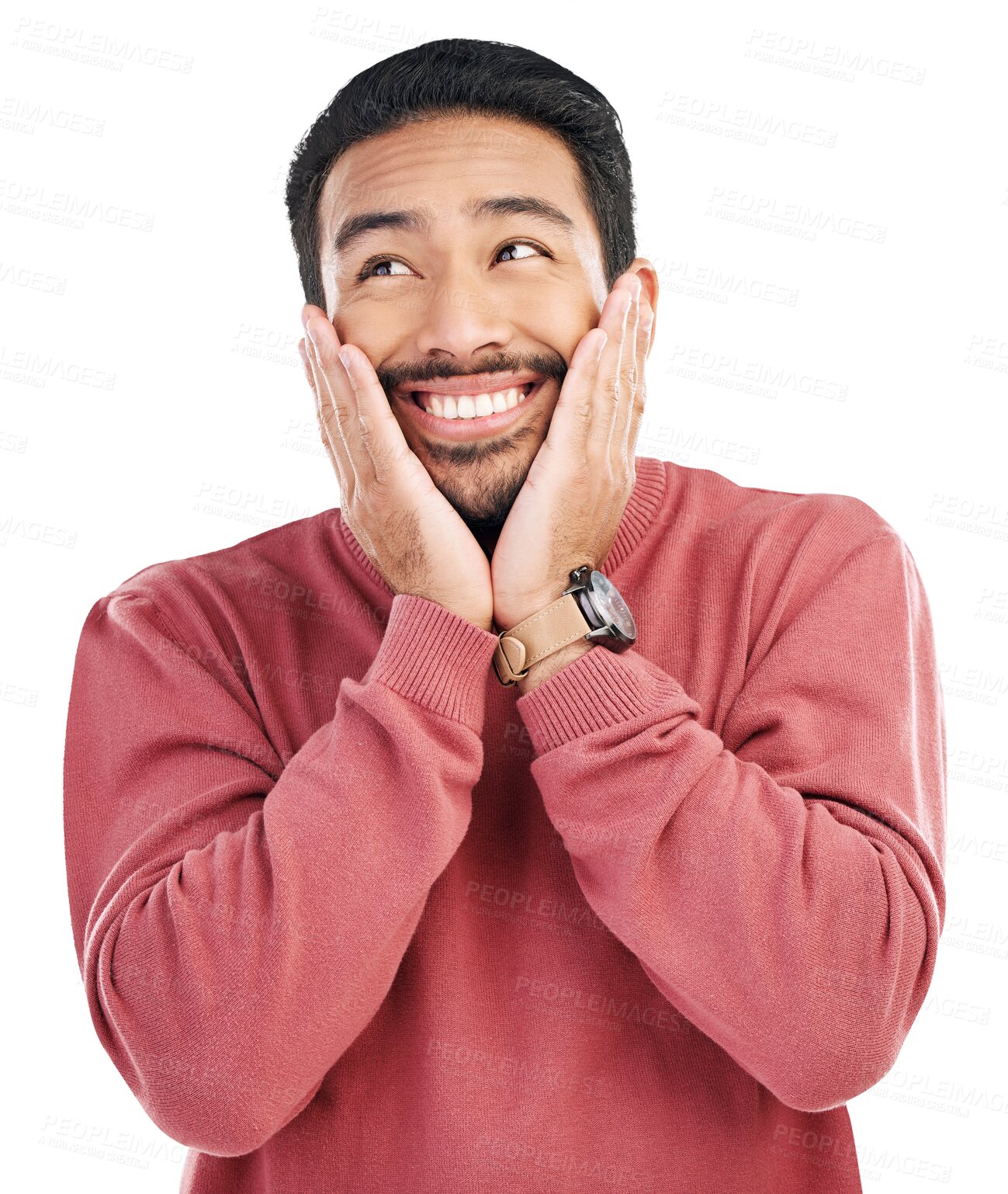 Buy stock photo Happy, surprise and hands on face of asian man on isolated, transparent and png background. Good news, emoji and shy male winner with wow, smile or competition giveaway, promo or announcement info