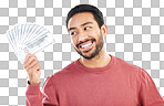 Money fan, cash investment and man on white background for wealth, financial savings and payment bonus. Finance profit, winner and happy male for winning, prize and stock market success in studio