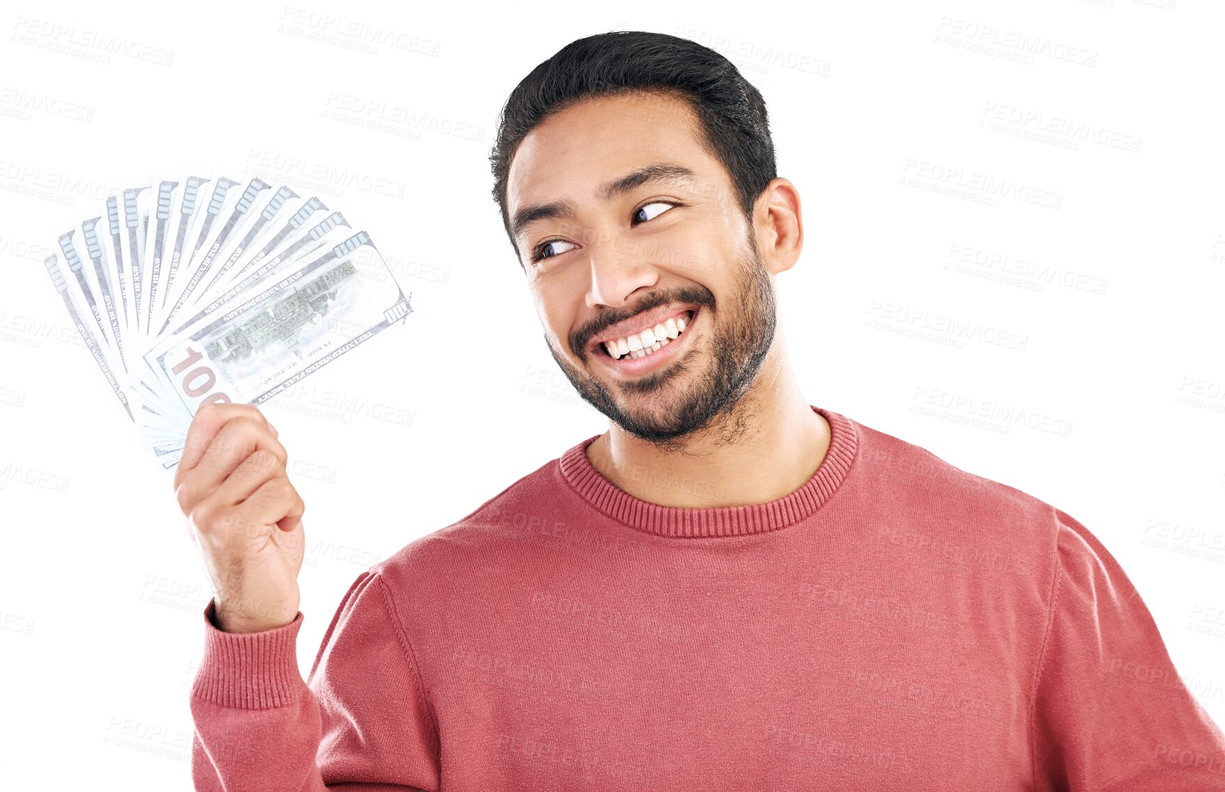 Buy stock photo Dollars, fan and man with money, finance and success with cash investment or reward isolated on transparent png background. Financial freedom, profit and male person with prize, wealth and cashback