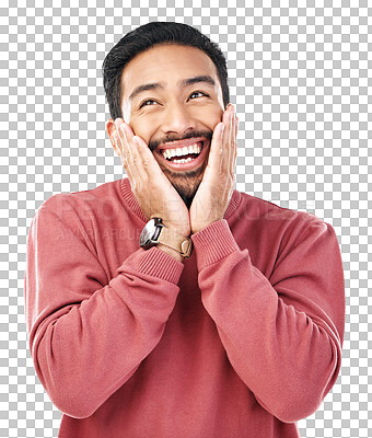 Buy stock photo Wow, smile and asian man with hands on face for gossip or news on isolated, transparent or png background. Happy, emoji and guy shocked by sale, promo or coming soon announcement or giveaway prize