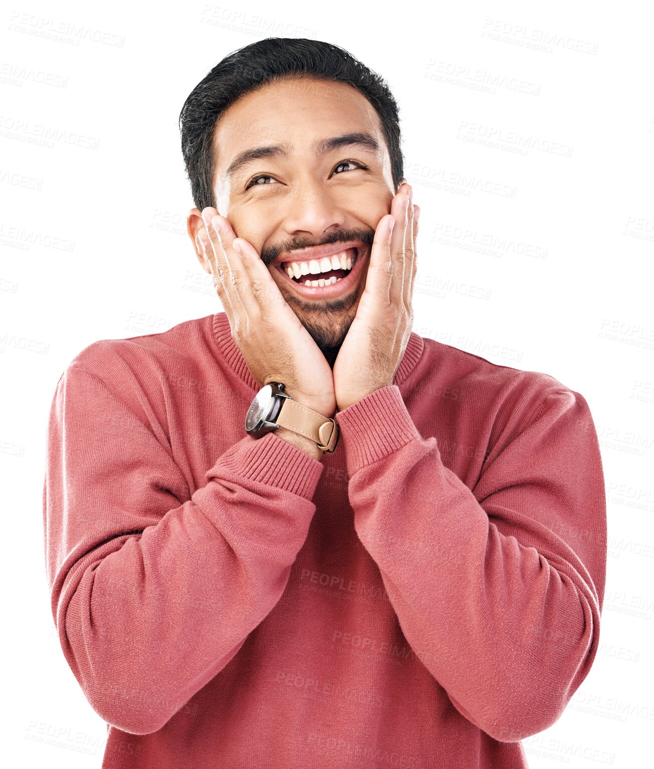 Buy stock photo Wow, smile and asian man with hands on face for gossip or news on isolated, transparent or png background. Happy, emoji and guy shocked by sale, promo or coming soon announcement or giveaway prize