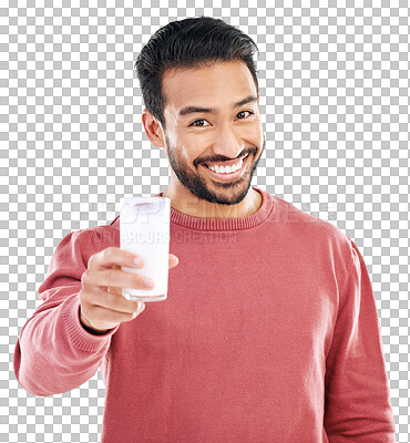 Buy stock photo Portrait, happy or man with milk offer for calcium or weight loss isolated transparent png background. Giving beverage, smile or guy drinking smoothie or milkshake for healthy nutrition or hydration