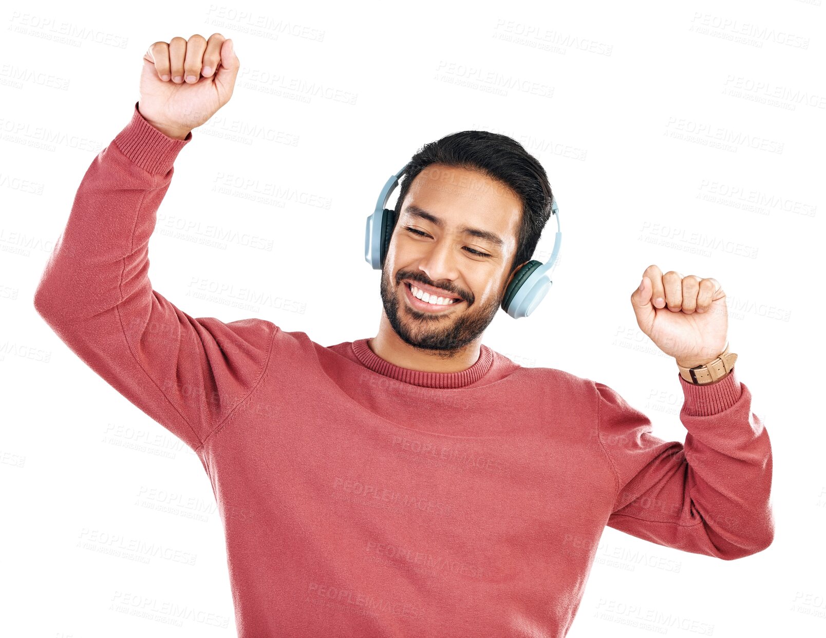 Buy stock photo Music, dance and happy with man and headphones on png for streaming, radio and energy. Online, disco and technology with person dancing isolated on transparent background for party, media and freedom