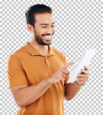 Buy stock photo Tablet, social media or happy man typing to check email communication, online research or search website. Tech, smile or Asian male person on internet to scroll isolated on transparent png background