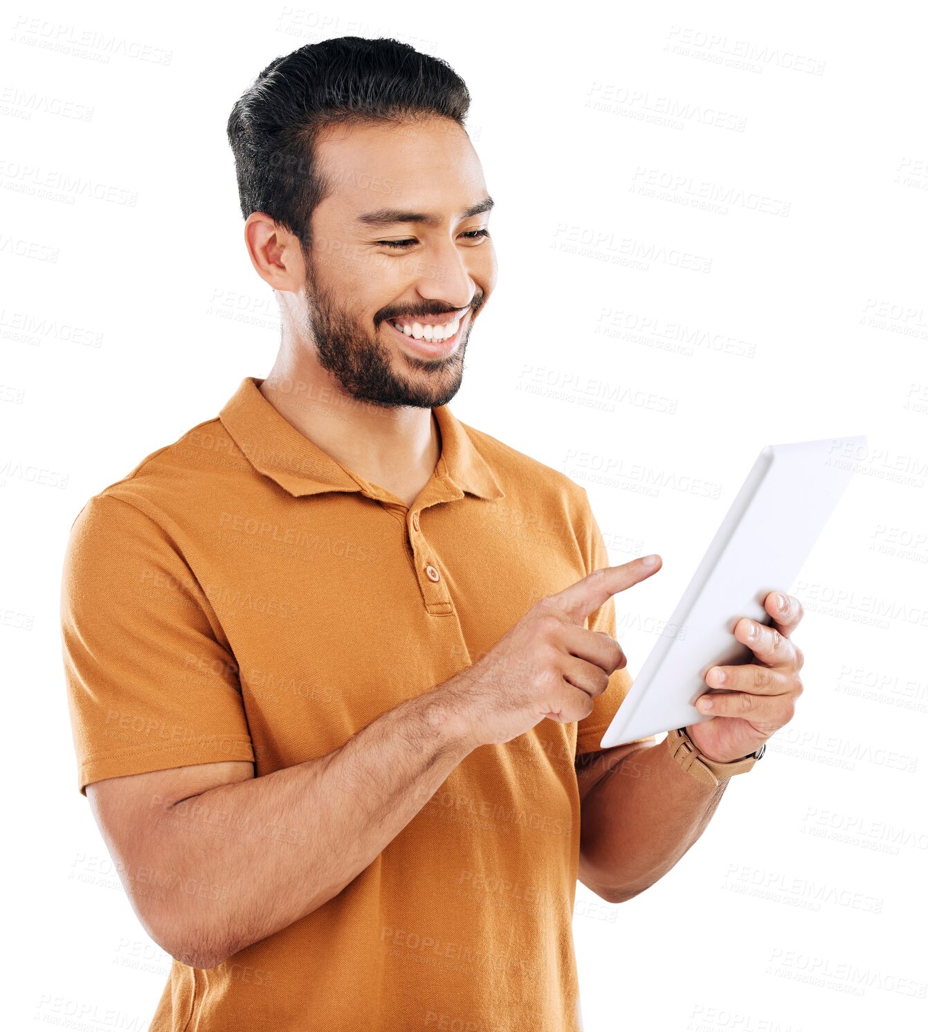 Buy stock photo Tablet, social media or happy man typing to check email communication, online research or search website. Tech, smile or Asian male person on internet to scroll isolated on transparent png background