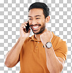 Phone call communication, studio news and happy man celebrate achievement, success goals or winning. Excited, winner and male celebration fist pump, announcement or notification on white background