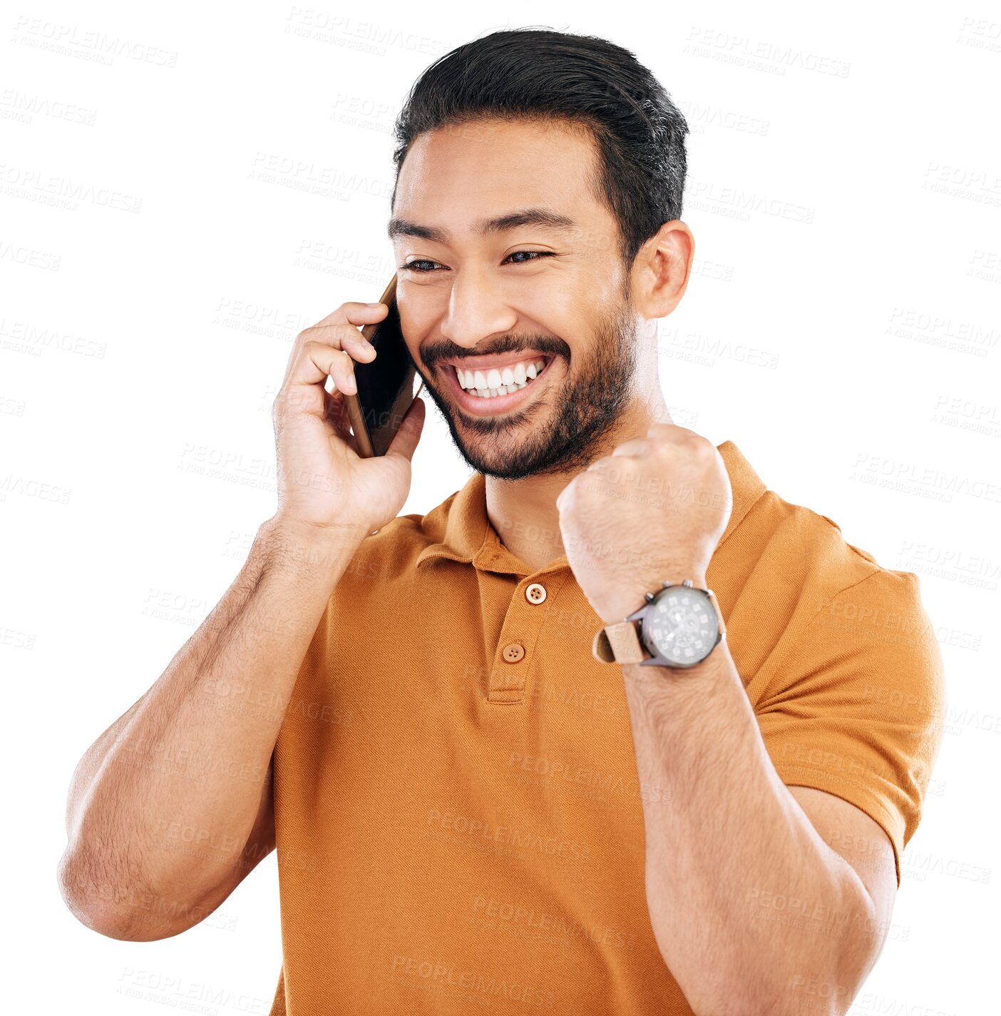 Buy stock photo Phone call, news or happy man with success in celebration of achievement or winning in prize announcement. Excited winner, fist pump or excited Asian person with smile isolated on png background