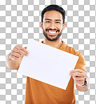 Studio billboard, portrait mockup and happy man with marketing placard, advertising banner or product placement paper. Logo mock up, poster promotion sign and brand person isolated on gray background