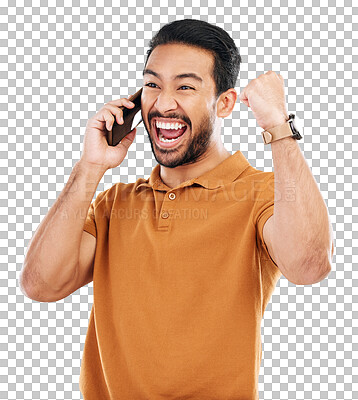 Buy stock photo Happy man, phone call and winning news with fist pump, yes to success and prize on transparent png background. Excited, announcement with reward or giveaway, male winner celebrate and cheers