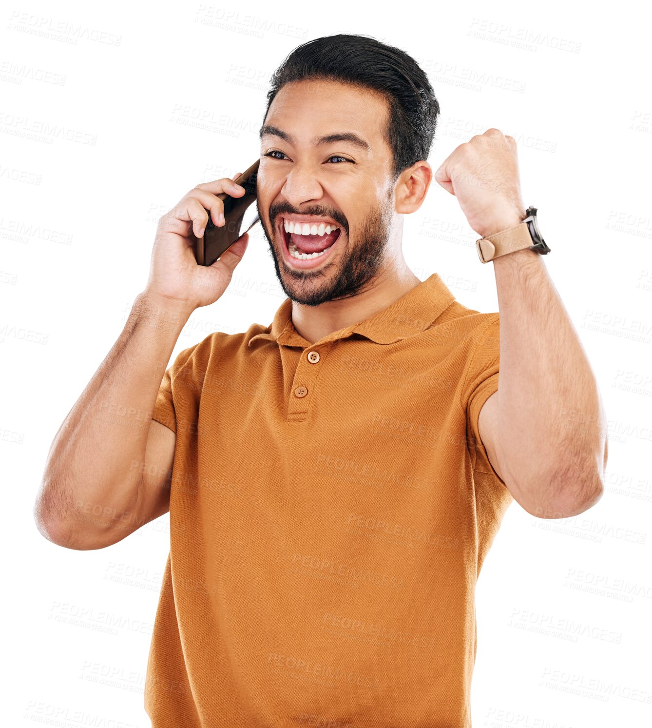 Buy stock photo Happy man, phone call and winning news with fist pump, yes to success and prize on transparent png background. Excited, announcement with reward or giveaway, male winner celebrate and cheers