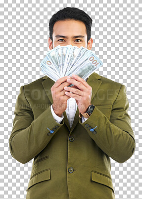 Buy stock photo Money fan, winner and man with cash money in hands for prize isolated on a transparent, png background. Asian male person with paper bill for lottery reward, investment bonus or competition award
