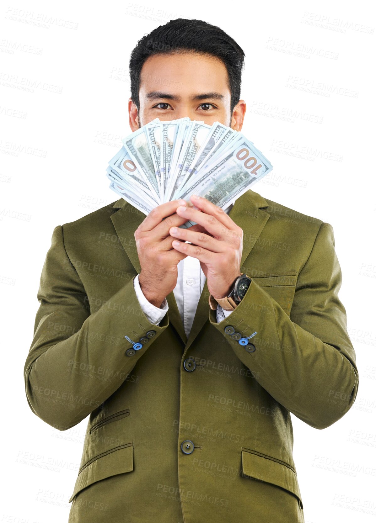 Buy stock photo Money fan, winner and man with cash money in hands for prize isolated on a transparent, png background. Asian male person with paper bill for lottery reward, investment bonus or competition award
