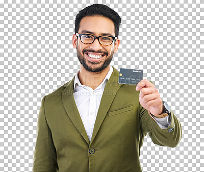 Buy stock photo Happy, credit card or portrait of businessman with financial freedom isolated on transparent png background. Smile, finance or proud Asian investor with investment security, banking savings or budget