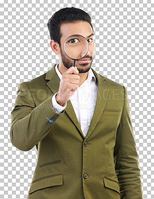 Buy stock photo Portrait, business and asian man with magnifying glass for investigation, search and isolated on transparent png background. Face, male employee and inspector with magnifier, inspection and spy agent