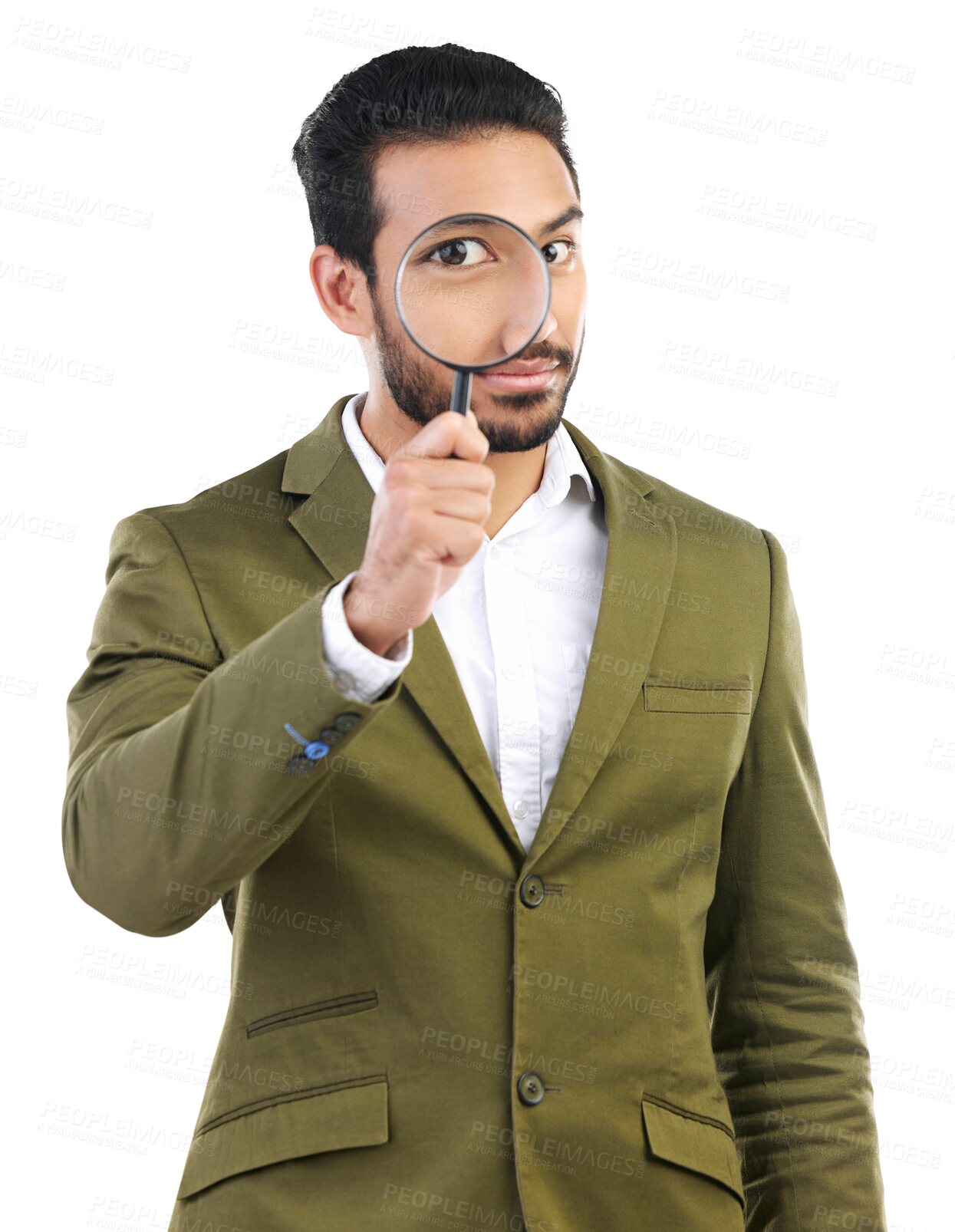 Buy stock photo Portrait, business and asian man with magnifying glass for investigation, search and isolated on transparent png background. Face, male employee and inspector with magnifier, inspection and spy agent