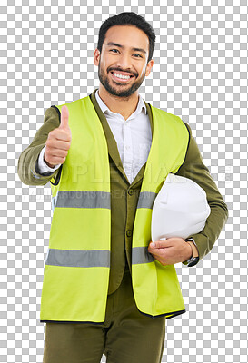 Buy stock photo Portrait, happy man or architect with thumb up, success isolated on transparent png background. Like, contractor or face of Asian engineer with gesture for ok, agreement or support on new project 