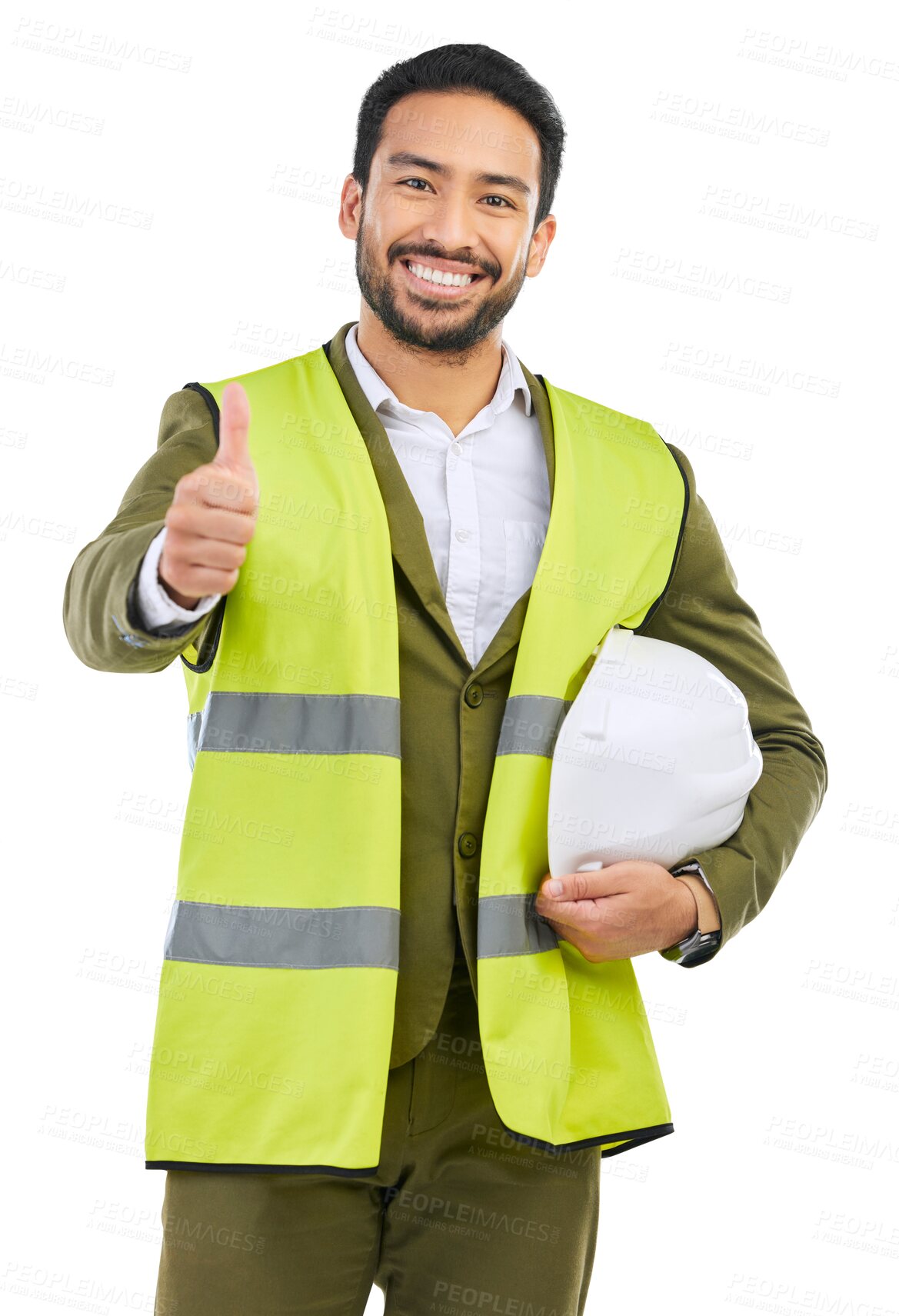 Buy stock photo Portrait, happy man or architect with thumb up, success isolated on transparent png background. Like, contractor or face of Asian engineer with gesture for ok, agreement or support on new project 