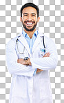 Portrait, doctor and Asian man with arms crossed, smile and confident guy isolated on white studio background. Face, male employee and medical professional with leadership, experience and healthcare