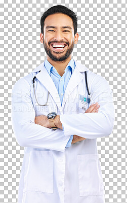 Buy stock photo Happy, doctor and portrait of man with crossed arms on isolated, PNG and transparent background. Healthcare, hospital and male health worker with confidence for medicine, wellness and medical support