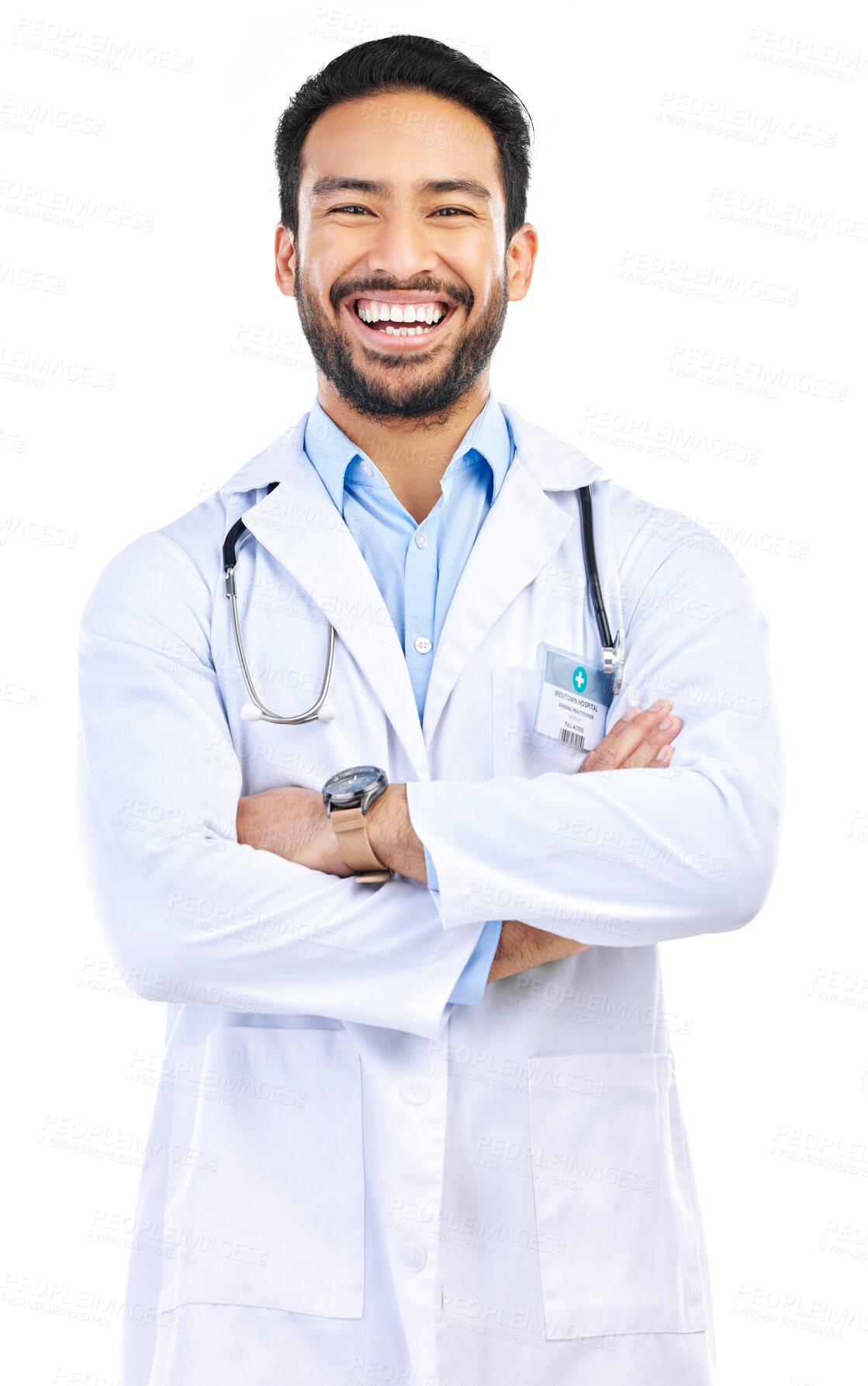 Buy stock photo Happy, doctor and portrait of man with crossed arms on isolated, PNG and transparent background. Healthcare, hospital and male health worker with confidence for medicine, wellness and medical support