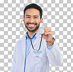 Doctor, man and listen with stethoscope in portrait with smile and cardiovascular health isolated on white background. Medical professional, happy male physician in studio and cardiology and surgeon