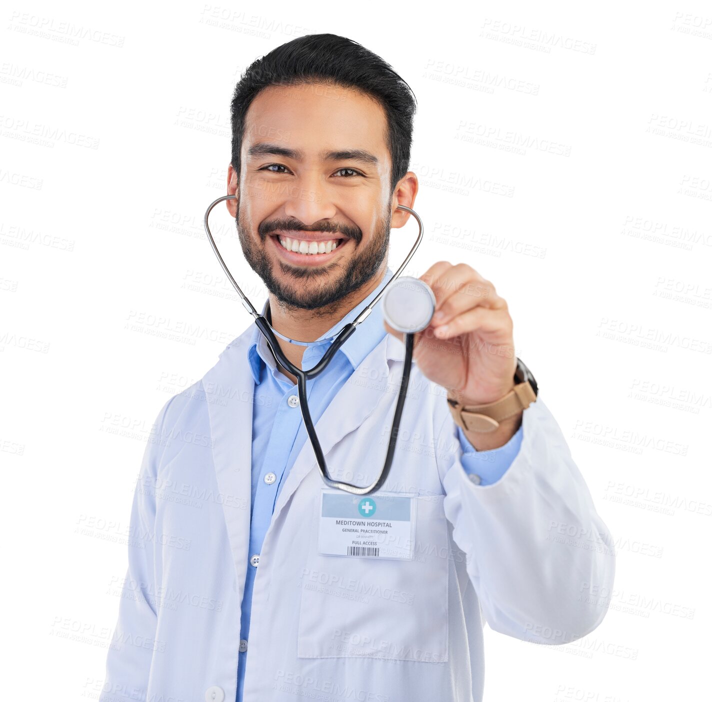 Buy stock photo Stethoscope, doctor and happy portrait of man on isolated, PNG and transparent background. Healthcare, hospital and male health worker with medical equipment for cardiology, wellness and support