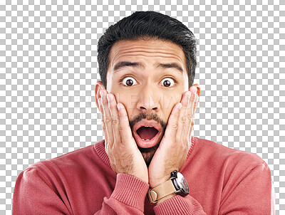 Buy stock photo Portrait, wow and asian man surprised by wtf news on isolated, transparent or png background. Omg, face and male customer shocked by giveaway, promo or coming soon sale, deal or discount with emoji