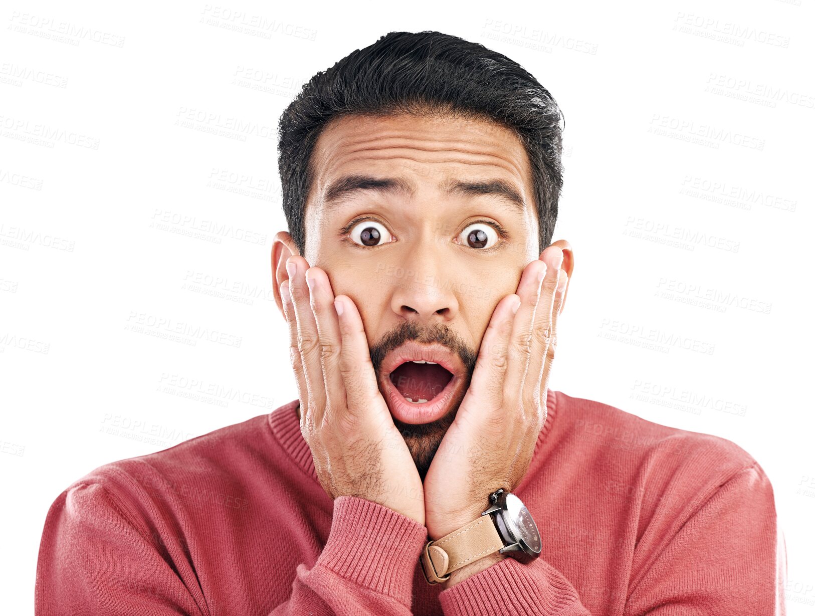 Buy stock photo Portrait, wow and asian man surprised by wtf news on isolated, transparent or png background. Omg, face and male customer shocked by giveaway, promo or coming soon sale, deal or discount with emoji