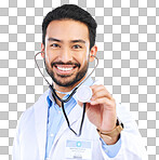 Doctor, man and listening with stethoscope in portrait, smile and cardiovascular health isolated on white background. Medical professional, happy male physician in studio and cardiology and surgeon