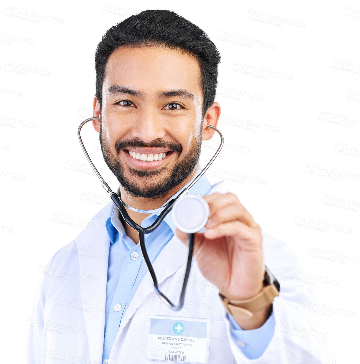 Buy stock photo Healthcare, doctor and portrait of man with stethoscope on isolated, PNG and transparent background. Smile, hospital and male health worker with medical equipment for cardiology, wellness and support