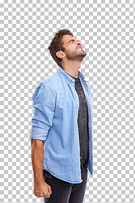 Buy stock photo Anger, frustrated and stress with man on png for problem, mad and annoyed. Disappointed, angry and mental health with person isolated on transparent background for problem, failure and fear