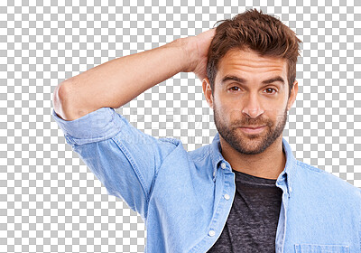 Buy stock photo Man, unsure and head scratch with doubt in portrait, casual clothes and mindset isolated on transparent png background. Facial expression, puzzled or confused look with male person in denim shirt 