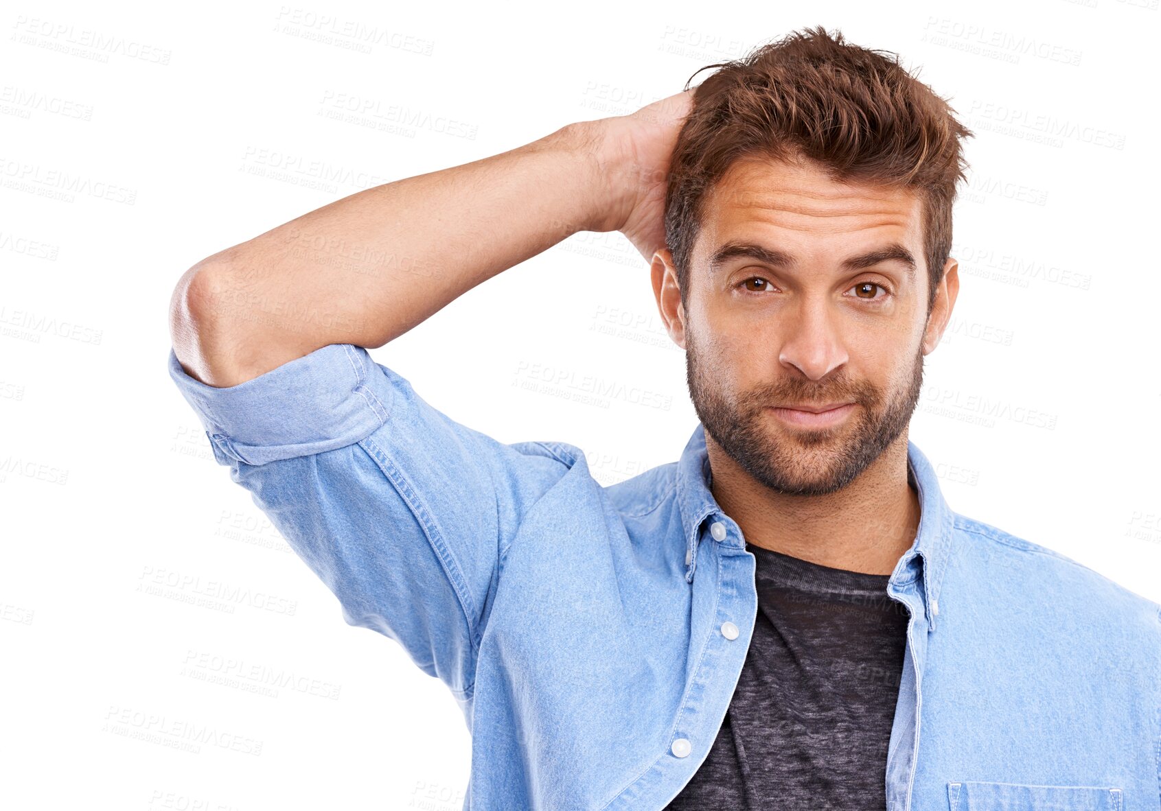 Buy stock photo Man, unsure and head scratch with doubt in portrait, casual clothes and mindset isolated on transparent png background. Facial expression, puzzled or confused look with male person in denim shirt 