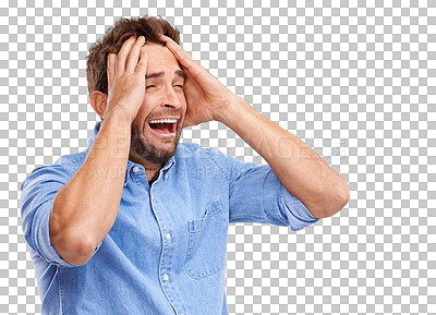 Sad, crying and stress of man frustrated with problem isolated on a transparent png background. Anger, screaming and male person with depression, schizophrenia and anxiety, crisis emoji or crazy pain