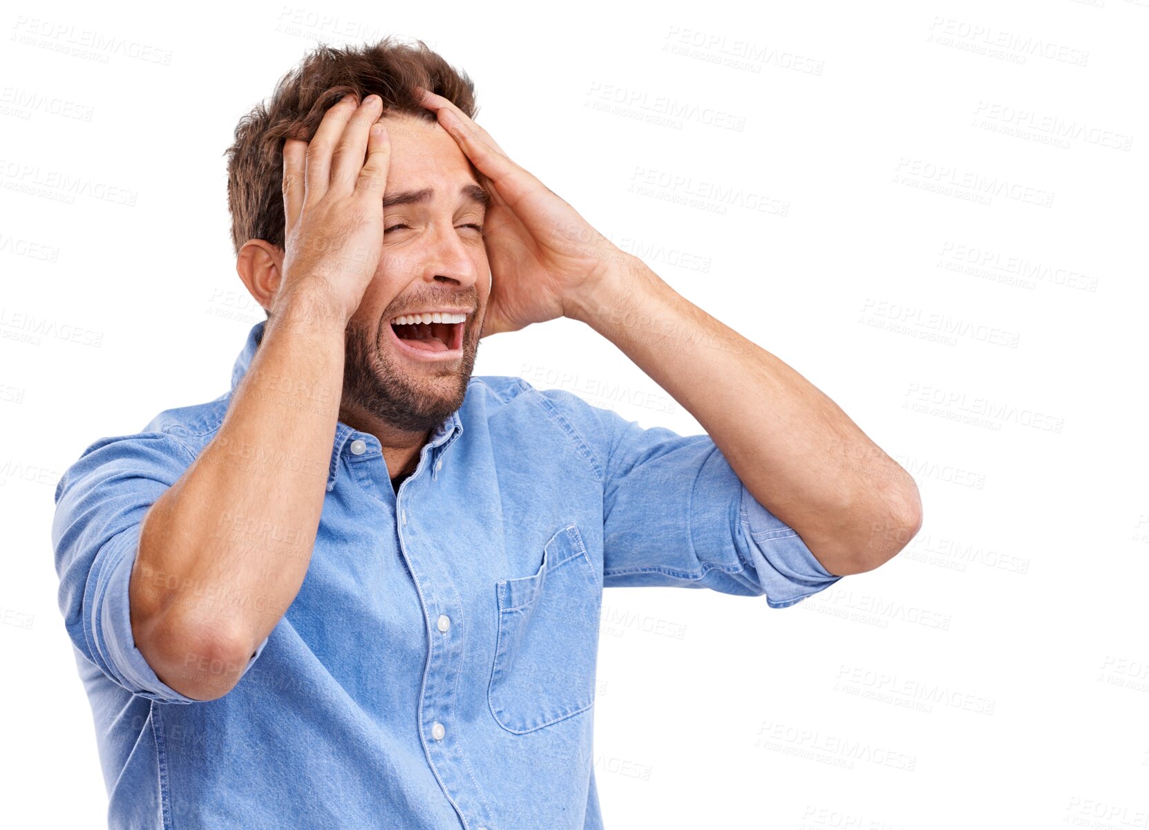 Buy stock photo Sad, crying and stress of man frustrated with problem isolated on a transparent png background. Anger, screaming and male person with depression, schizophrenia and anxiety, crisis emoji or crazy pain