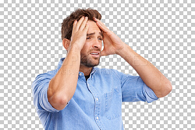 Buy stock photo Sad, angry and stress of man frustrated with problem isolated on a transparent png background. Anger, depression and male person with mistake, fail emoji and financial crisis for debt, tax or audit.