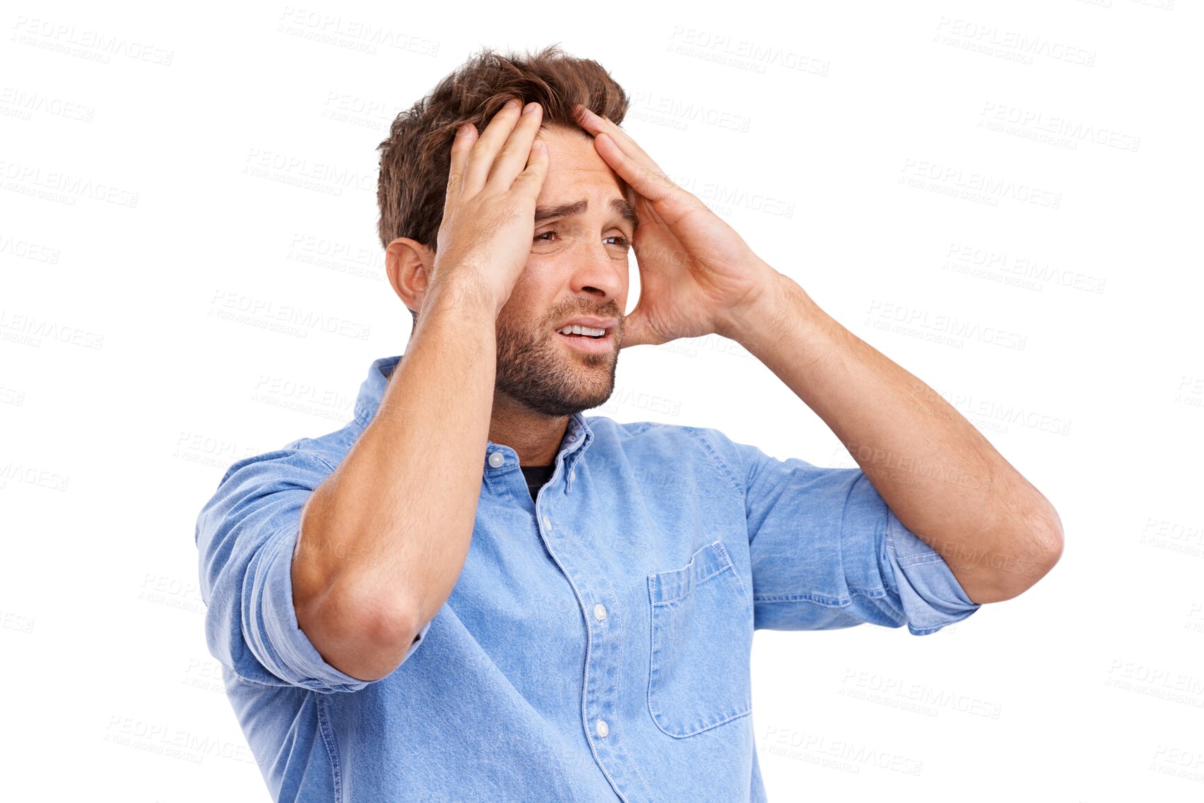 Buy stock photo Sad, angry and stress of man frustrated with problem isolated on a transparent png background. Anger, depression and male person with mistake, fail emoji and financial crisis for debt, tax or audit.