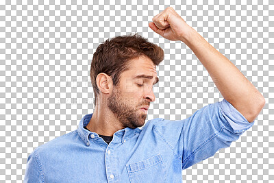 Buy stock photo Sweat, armpit and annoyed man with hygiene problem on isolated, transparent or png background. Body odor, sweating and face of guy person unhappy with smell, gross and stink, bad or hyperhidrosis